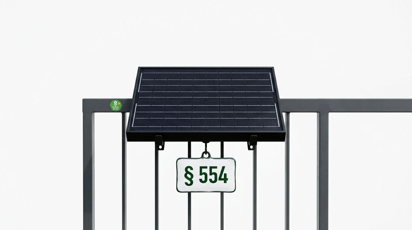 Solarpanel an Balkongeländer montiert, darunter hängt Schild mit Aufschrift § 554
