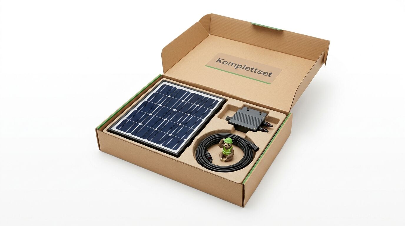 Geöffneter Pappkarton mit Solarpanel, Wechselrichter, Kabeln und kleiner Faultier-Figur