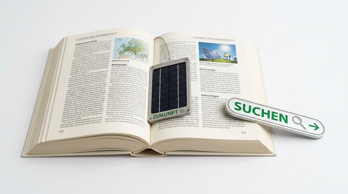 Offenes Buch „Lexikon der Wissenschaft“ mit Solarpanel und Suchbegriff