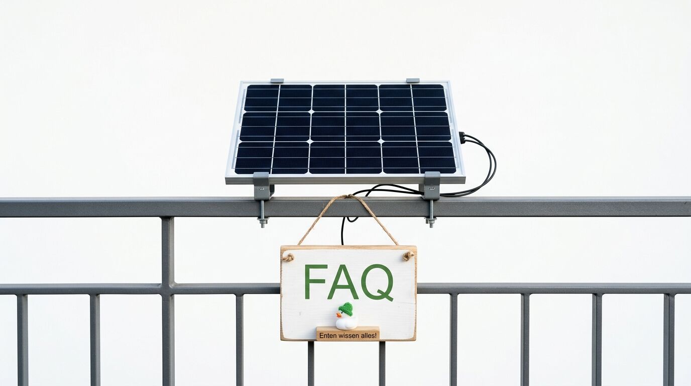 Ein Solarmodul und ein FAQ-Schild sind an einem Geländer befestigt