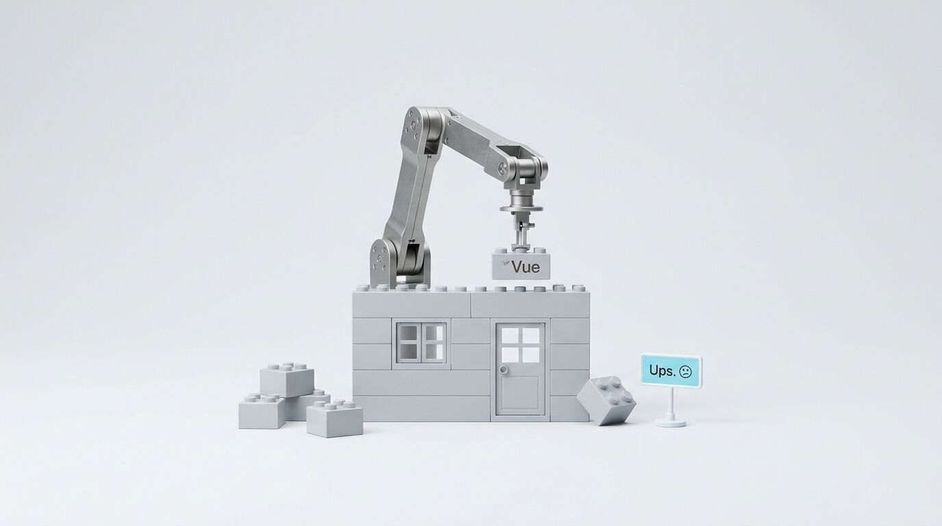 Roboterarm platziert einen Stein mit der Aufschrift „Vue“ auf eine Lego-Mauer