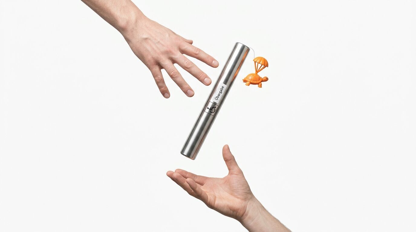 Hände, Metallstab mit Rollstuhlsymbol und „Übergabe“, orange Schildkröte mit Schirm, weißer Grund