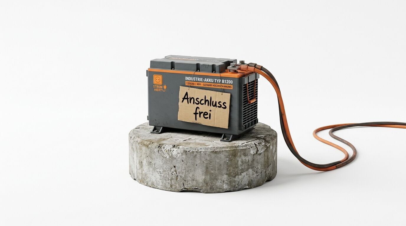 Ein Akku auf Beton mit Kartonschild 