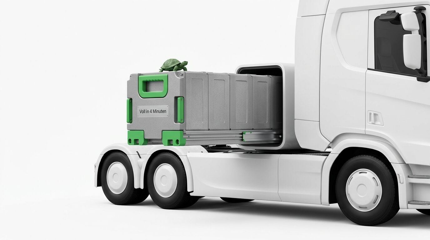 LKW lädt ausfahrbare Batterie, darauf Schild „Voll in 4 Minuten“ und Schildkröte