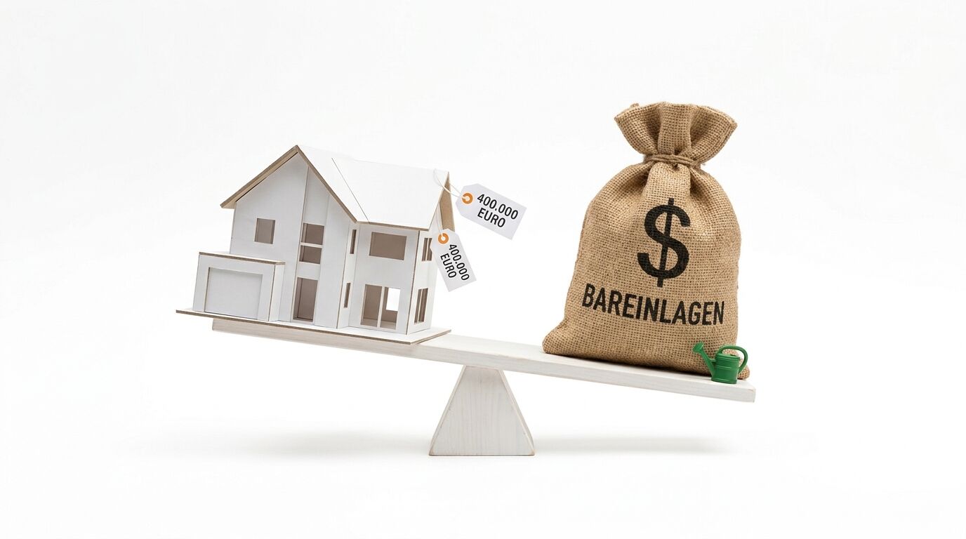 Ein Modellhaus und ein Jutesack mit der Aufschrift „BAREINLAGEN“ auf einer Wippe