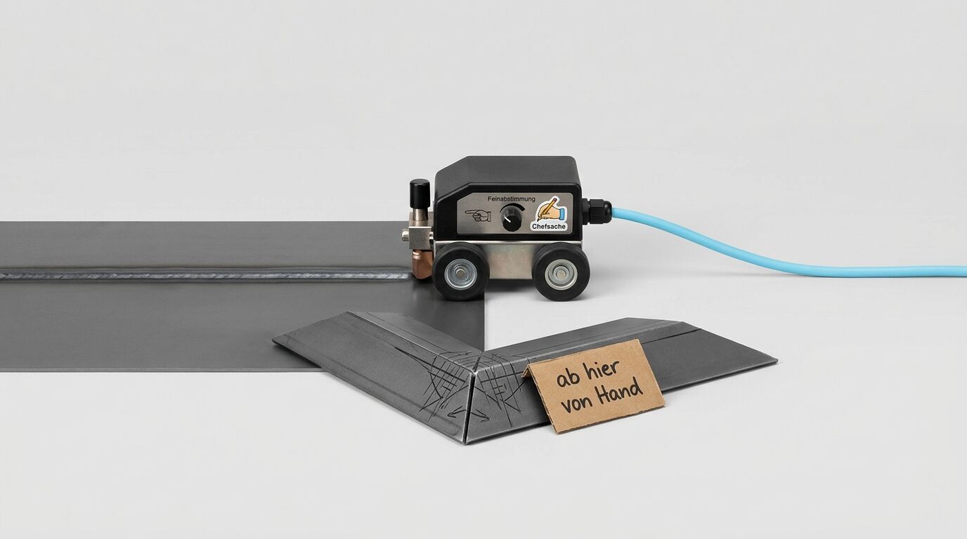 Schweißtraktor auf Blech mit Schweißnaht, daneben Winkelstück mit Pappschild „ab hier von Hand“