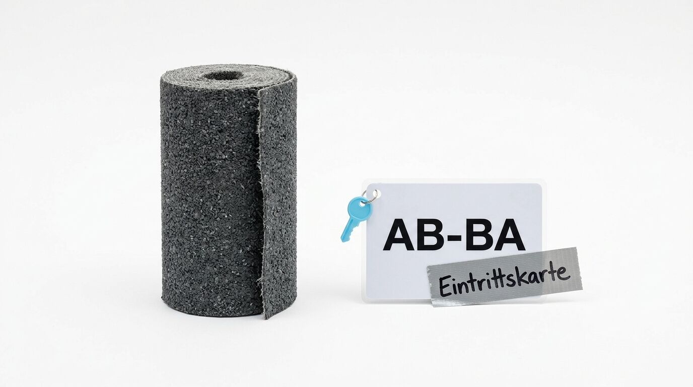 Schwarze Dachpappenrolle neben „AB-BA“-Schild mit Schlüssel und „Eintrittskarte“-Klebeband