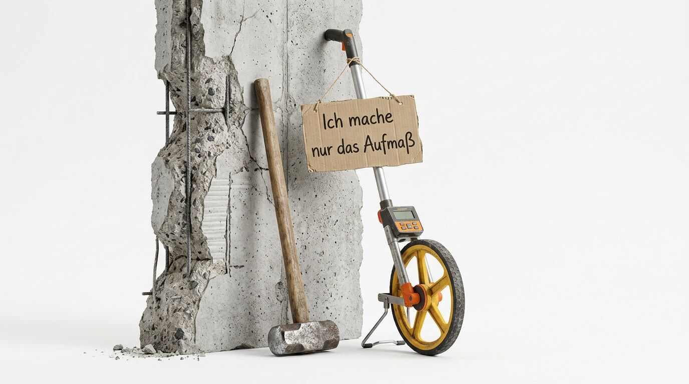 Messrad mit Schild, Hammer und Betonpfeiler vor weißem Hintergrund