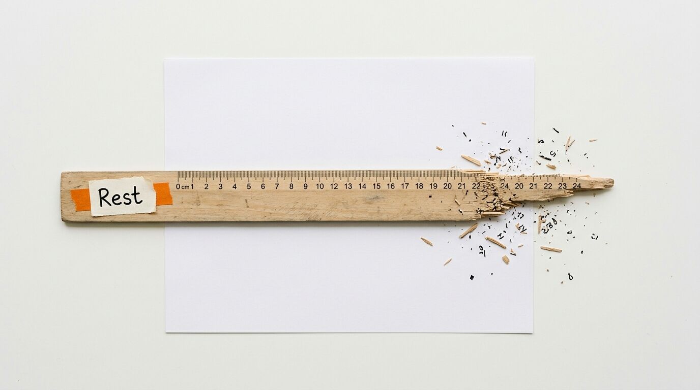 Zerstörtes Holzlineal mit Notiz „Rest“ auf Papier. Splinter und Zahlen verstreut