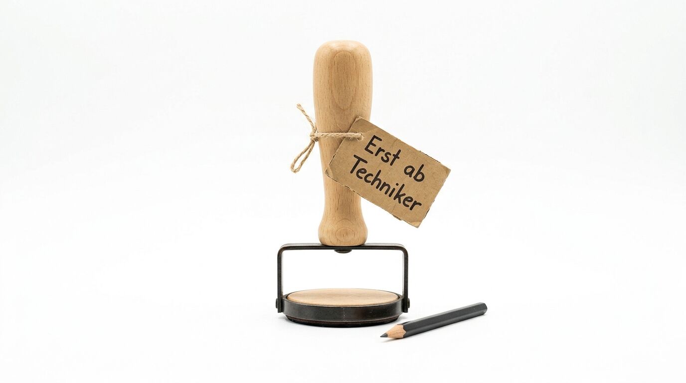 Ein Holzstempel mit einem Anhänger „Erst ab Techniker“ und einem Stift auf weißem Grund