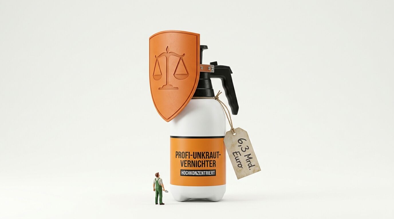 Drucksprühflasche mit Unkrautvernichter-Etikett, Justitia-Schild und Preisschild neben Miniaturfigur