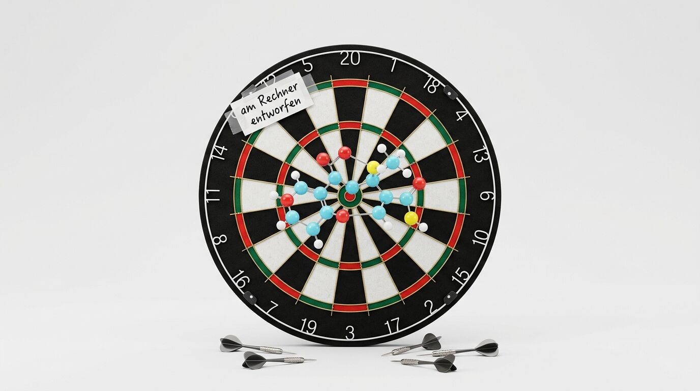 Eine Dartscheibe mit einem Molekülmodell in der Mitte und dem Text „am Rechner entworfen“