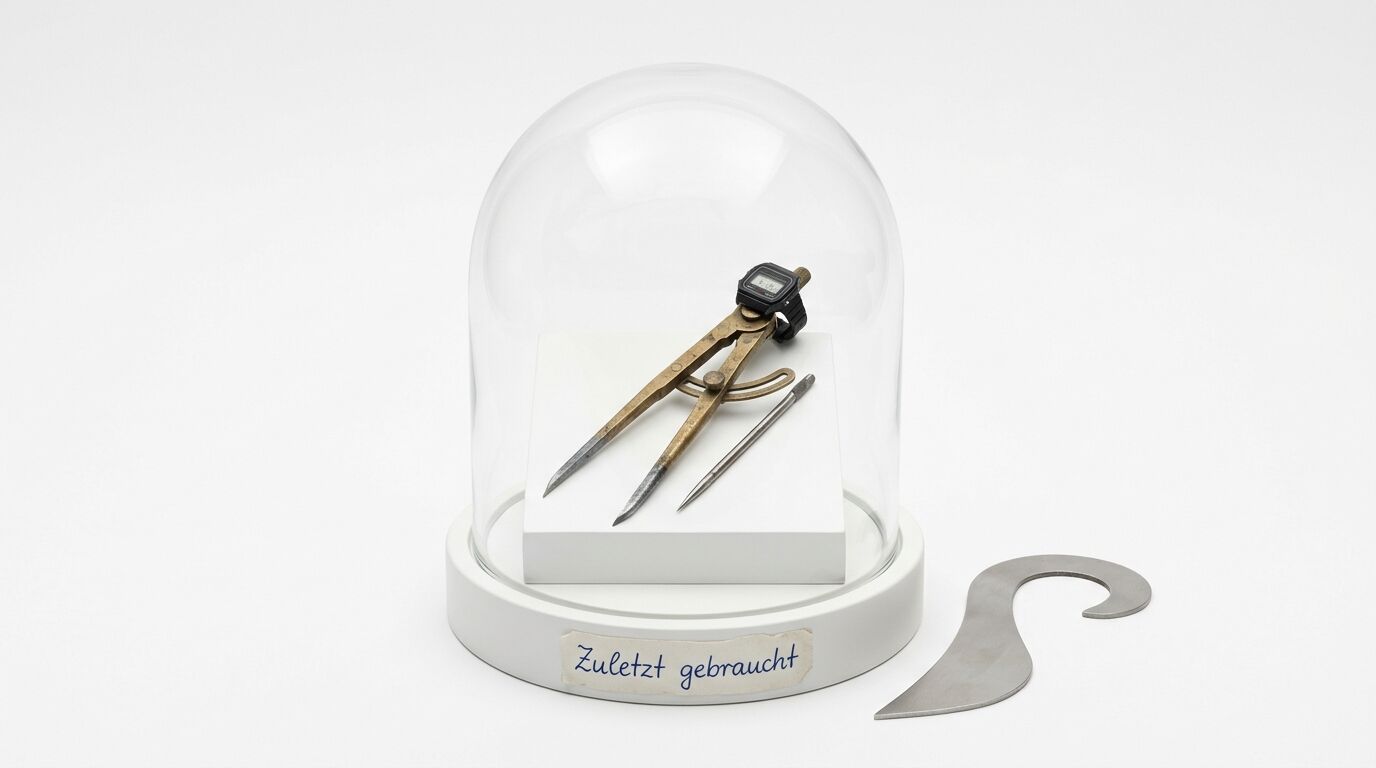Zirkel mit Uhr unter Glasglocke neben Metallform auf weißem Grund