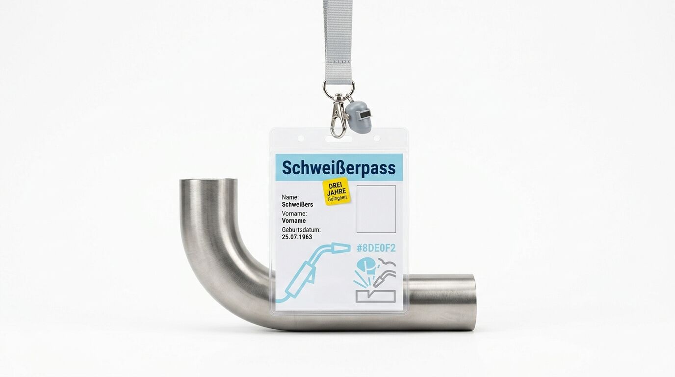 Ein gebogenes Metallrohr und ein an einem Band hängender Schweißerpass auf weißem Grund
