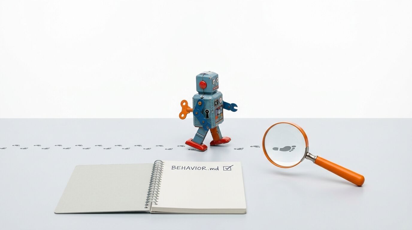 Blechroboter folgt Fußabdrücken auf grauer Fläche, daneben Notizblock und Lupe