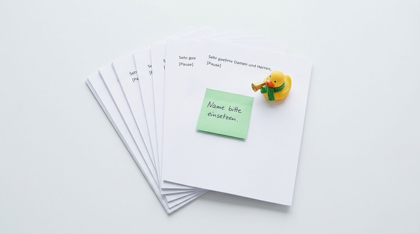 Papierstapel mit Klebezettel und einer Gummiente auf hellem Untergrund