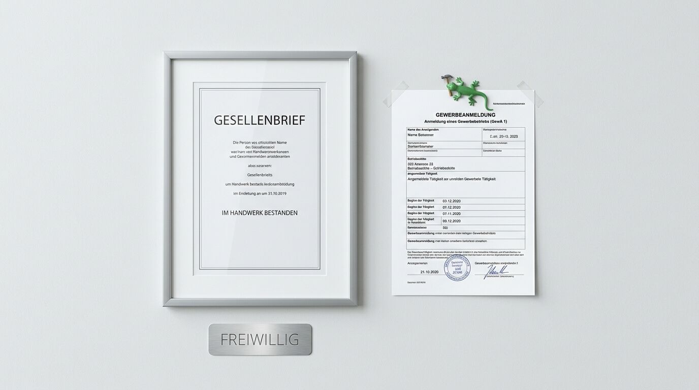 An einer Wand hängen ein eingerahmter Gesellenbrief, ein Gewerbebrief und ein Schild mit der Aufschrift „FREIWILLIG“