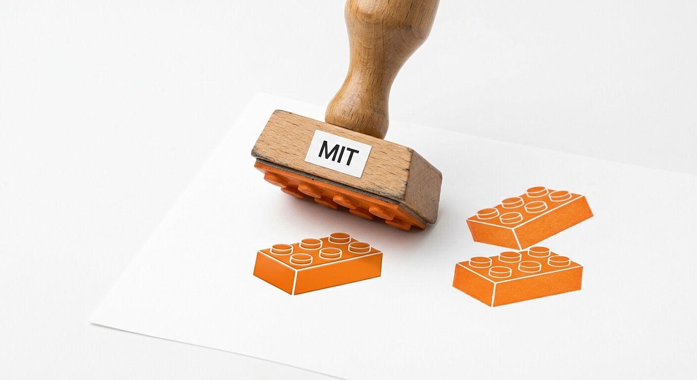 Ein Holzstempel mit MIT-Aufkleber und orangener Legostein-Druckfläche auf weißem Papier