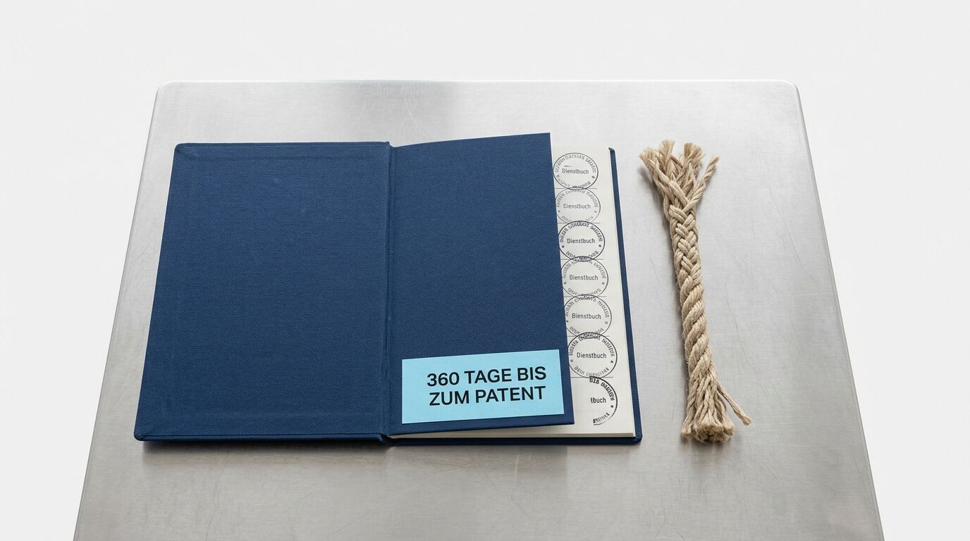 Aufgeschlagenes blaues Buch mit Patent-Hinweis und Seilzopf daneben auf Metallplatte