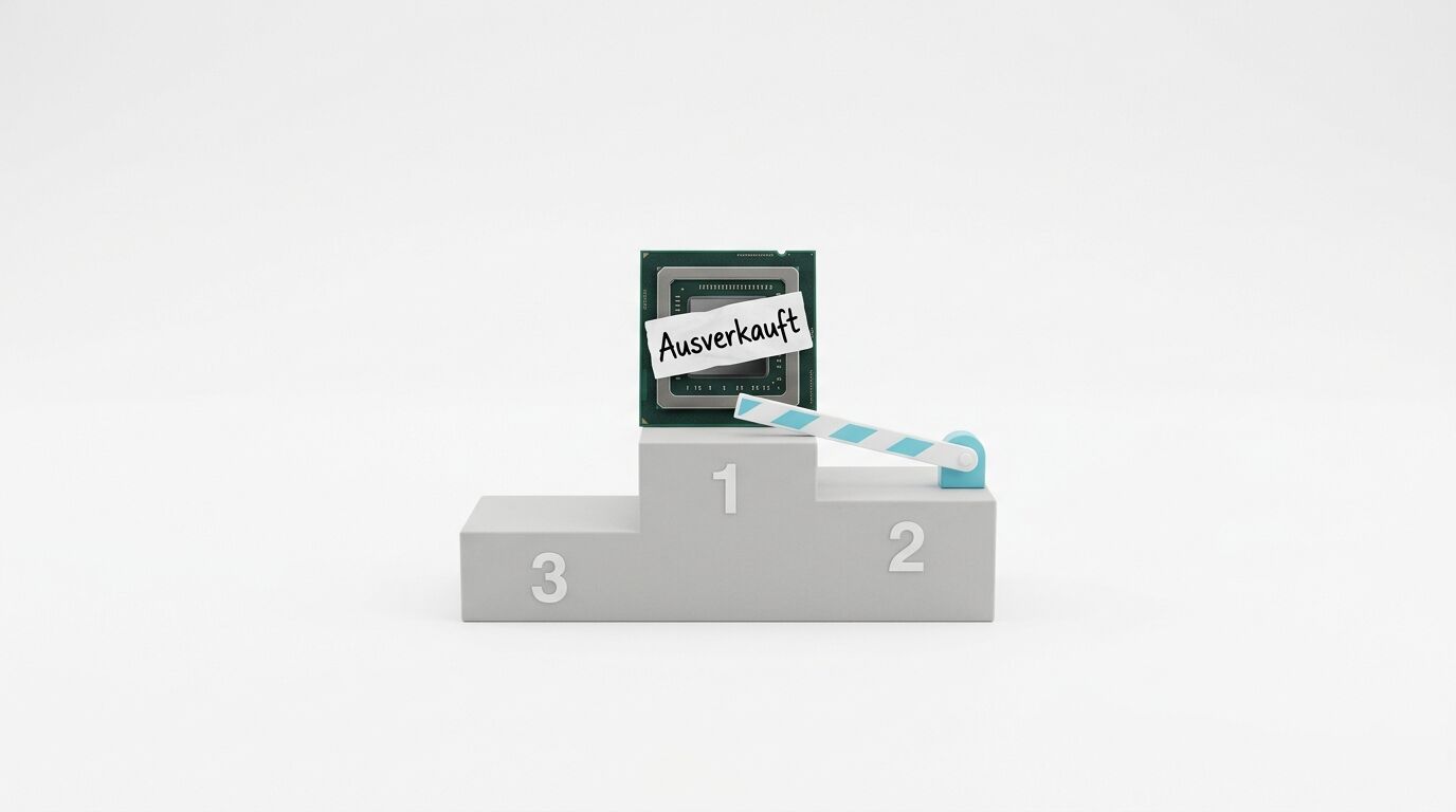Prozessor mit „Ausverkauft“-Schild und Schranke auf einem Siegerpodest