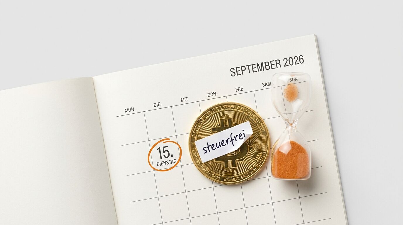 Kalender 2026, Bitcoin mit „steuerfrei“ und Sanduhr auf weißem Grund