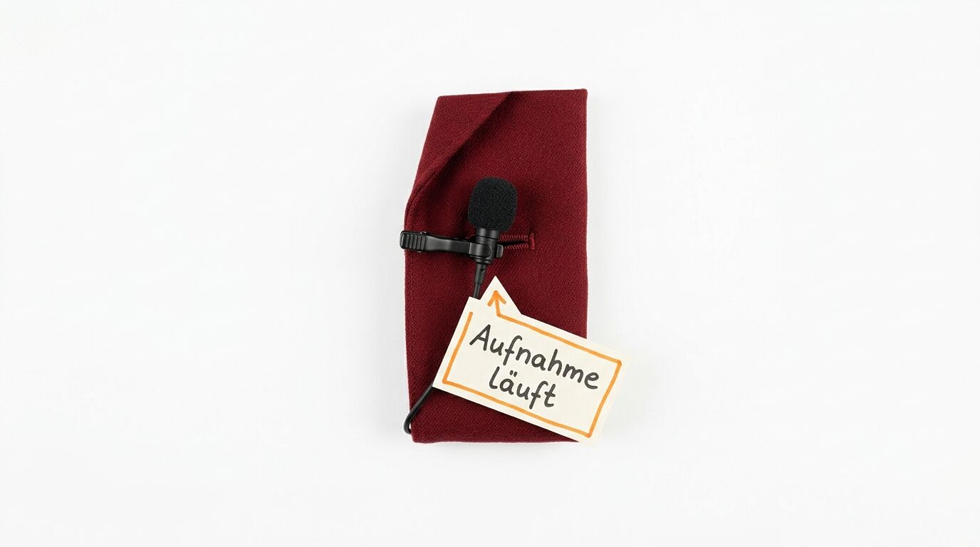 Mikrofon an rotem Stoff mit Pappschild „Aufnahme läuft“ auf weißem Hintergrund
