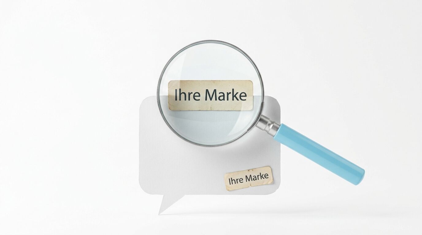Lupe über Sprechblase, die das Label „Ihre Marke“ auf weißem Hintergrund vergrößert