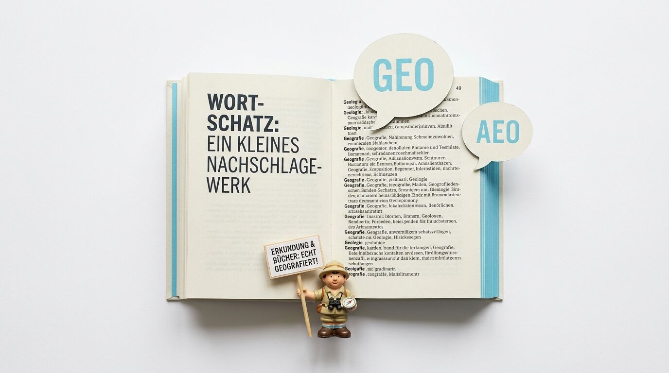 Ein offenes Buch, eine Forscherfigur und Sprechblasen zum Thema Geografie