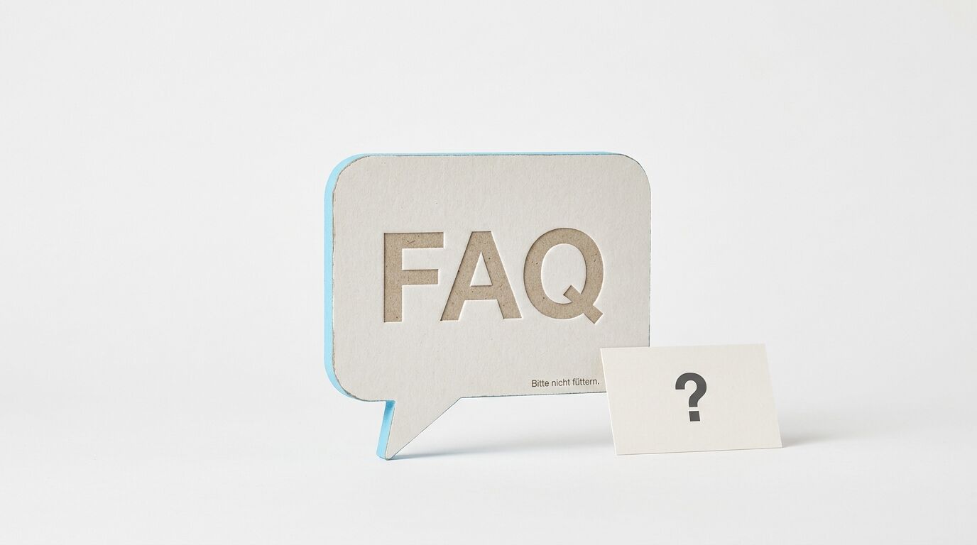 Aufsteller mit ausgeschnittenem „FAQ“, kleinerem Text und Karte mit Fragezeichen auf weiß