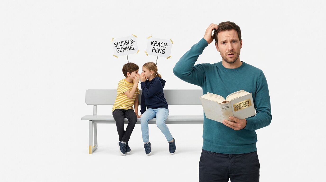 Zwei tuschelnde Kinder auf Bank mit Schildern neben verwirrtem Mann mit Buch auf weißem Grund
