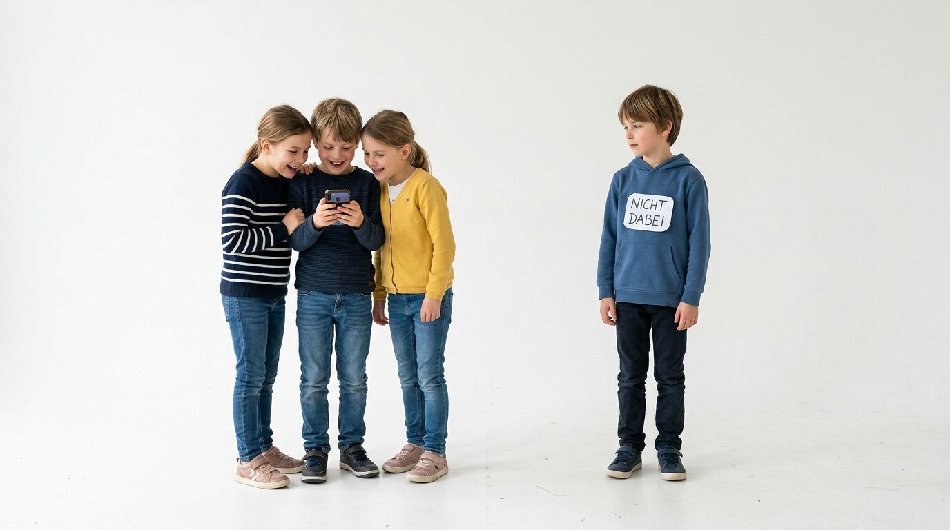 Drei Kinder schauen lachend auf ein Handy, ein Junge daneben steht alleine mit einem Schild, auf dem steht „NICHT DABEI“