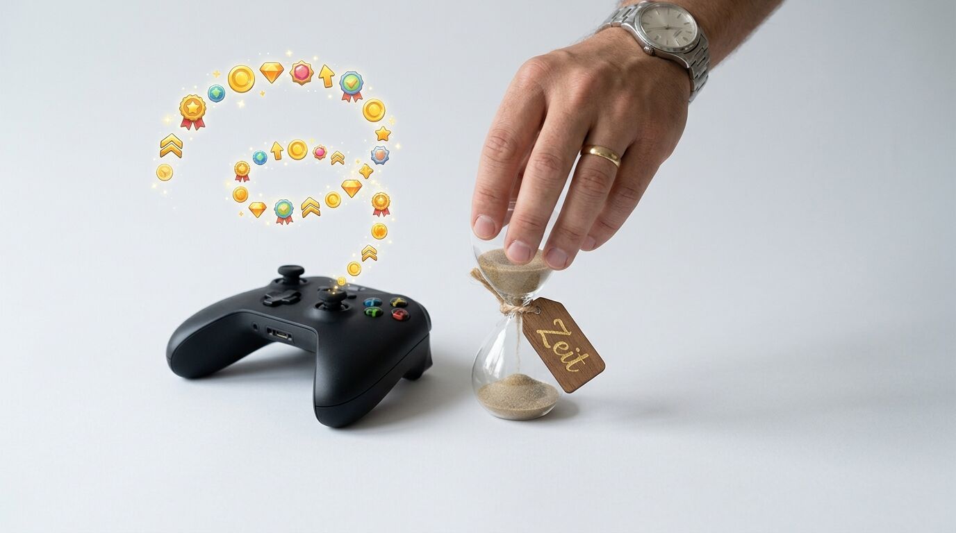 Eine Hand hält eine Sanduhr mit Anhänger neben einem Controller, aus dem Belohnungen schweben