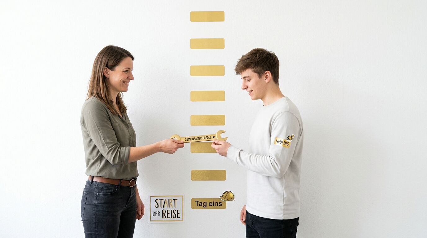 Zwei Personen stehen lächelnd beieinander und halten einen goldenen Schraubenschlüssel