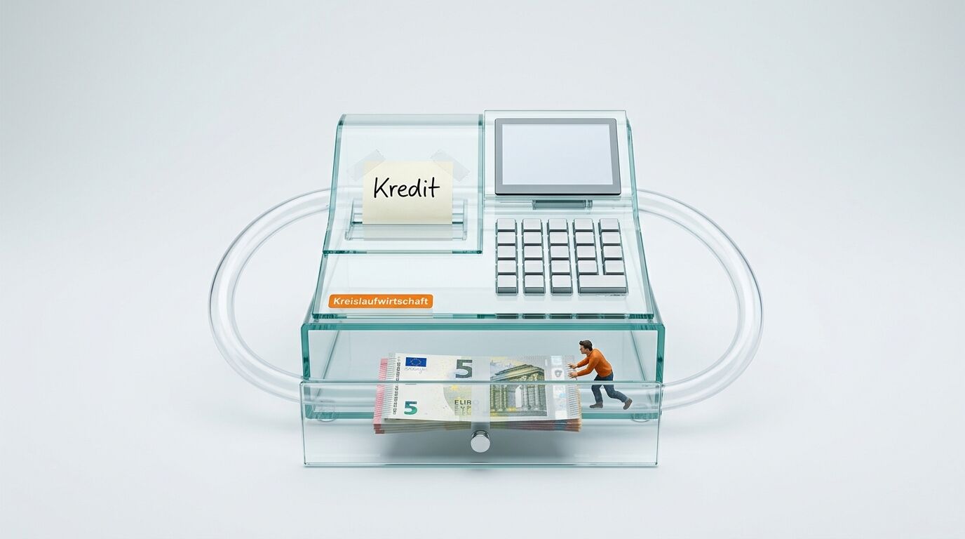 Glaskasse mit Euroscheinen, Männchen und Aufschriften „Kredit“ sowie „Kreislaufwirtschaft“