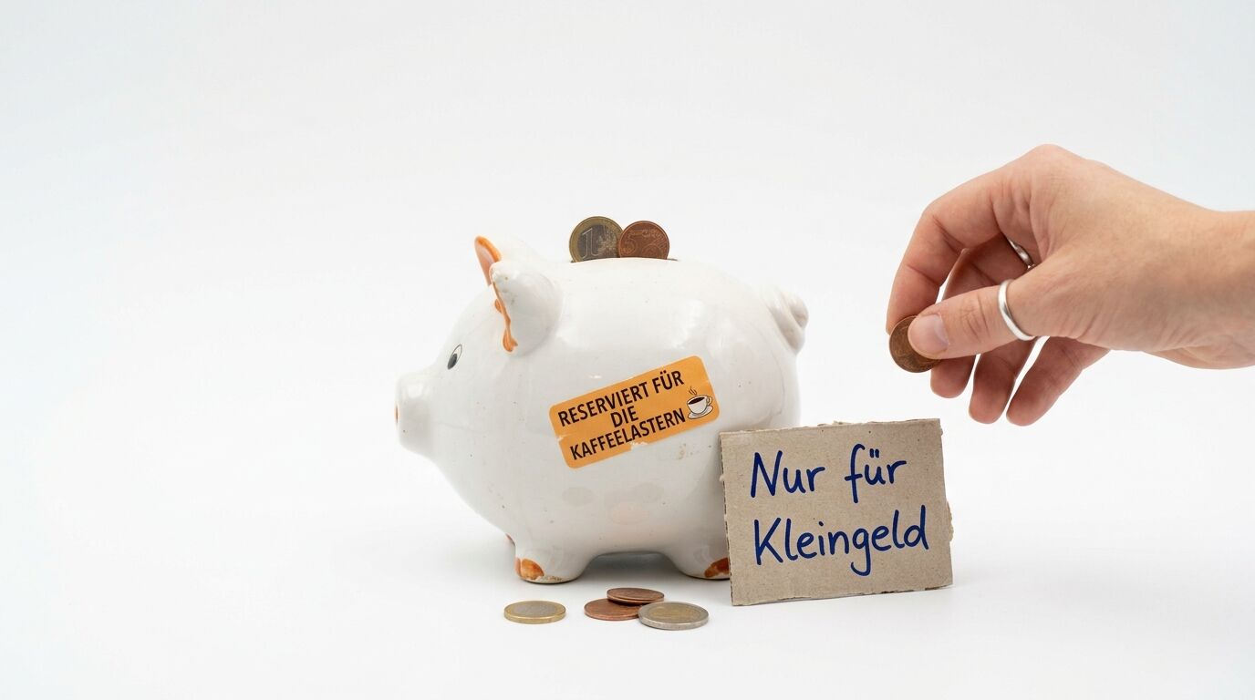 Eine Hand wirft Münzen in ein weißes Sparschwein, beschriftet mit „RESERVIERT FÜR KAFFEELASTERN“
