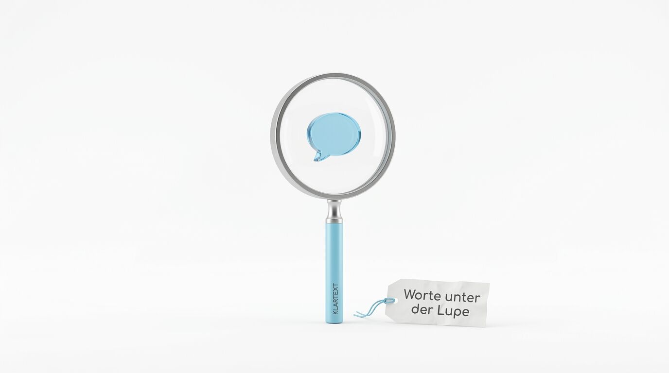 Lupe mit blauer Sprechblase im Glas und Anhänger „Worte unter der Lupe“