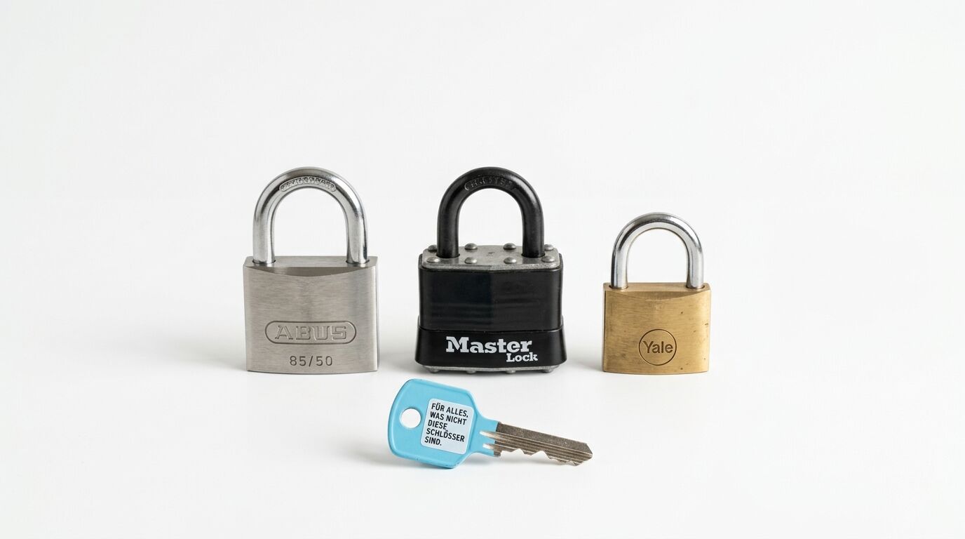 Drei Vorhängeschlösser von ABUS, Master Lock und Yale stehen neben einem blauen Schlüssel