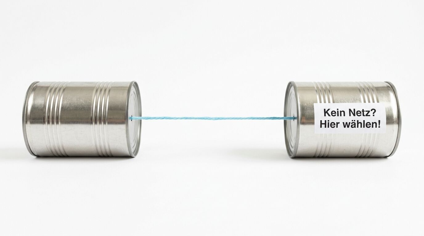 Dosentelefon, Schnur, Aufkleber „Kein Netz? Hier wählen!“ vor weißem Hintergrund
