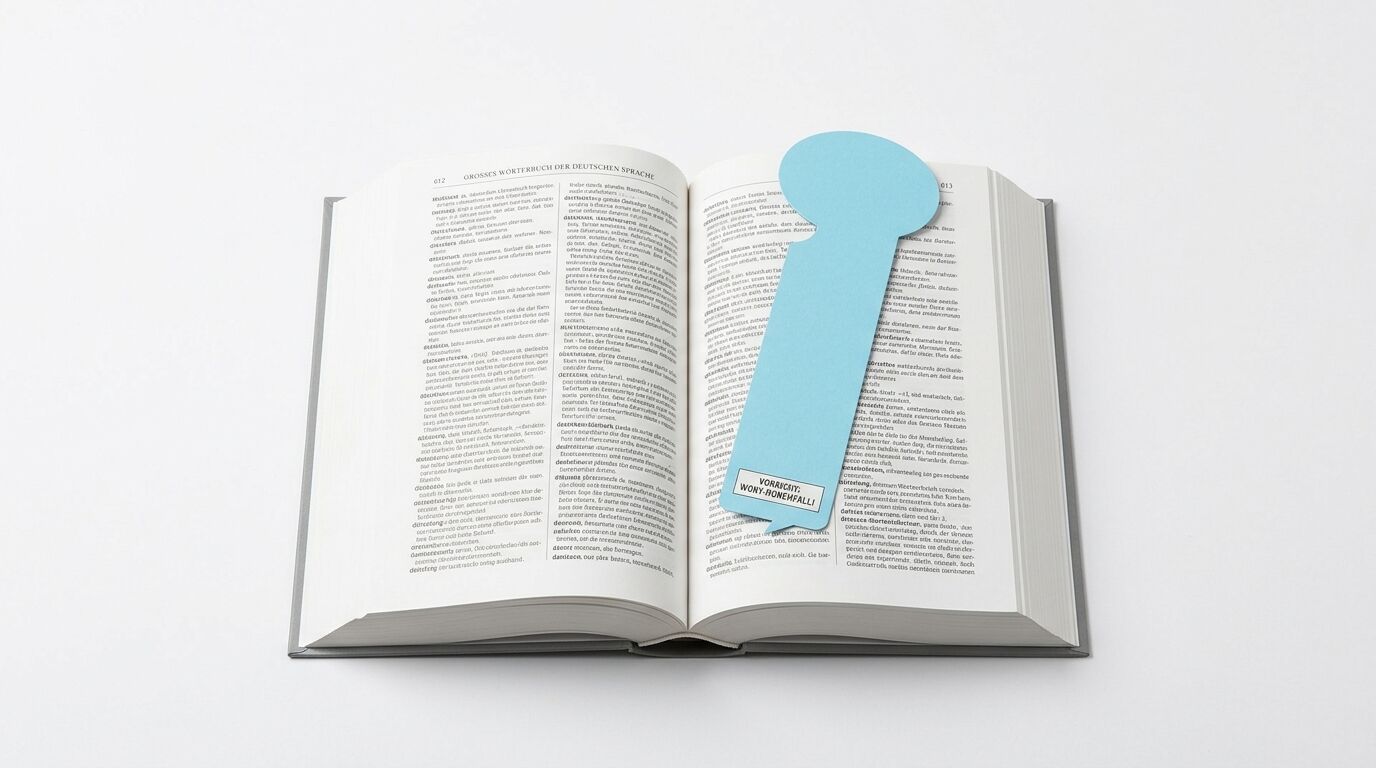 Aufgeschlagenes Wörterbuch mit hellblauem Lesezeichen in Sprechblasenform