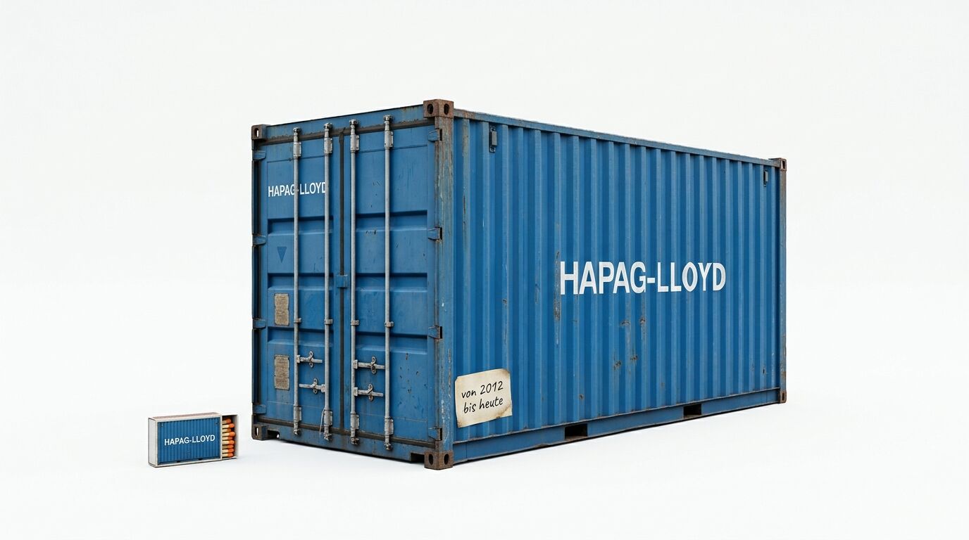 Ein blauer Hapag-Lloyd-Container und eine Streichholzschachtel auf weißem Grund