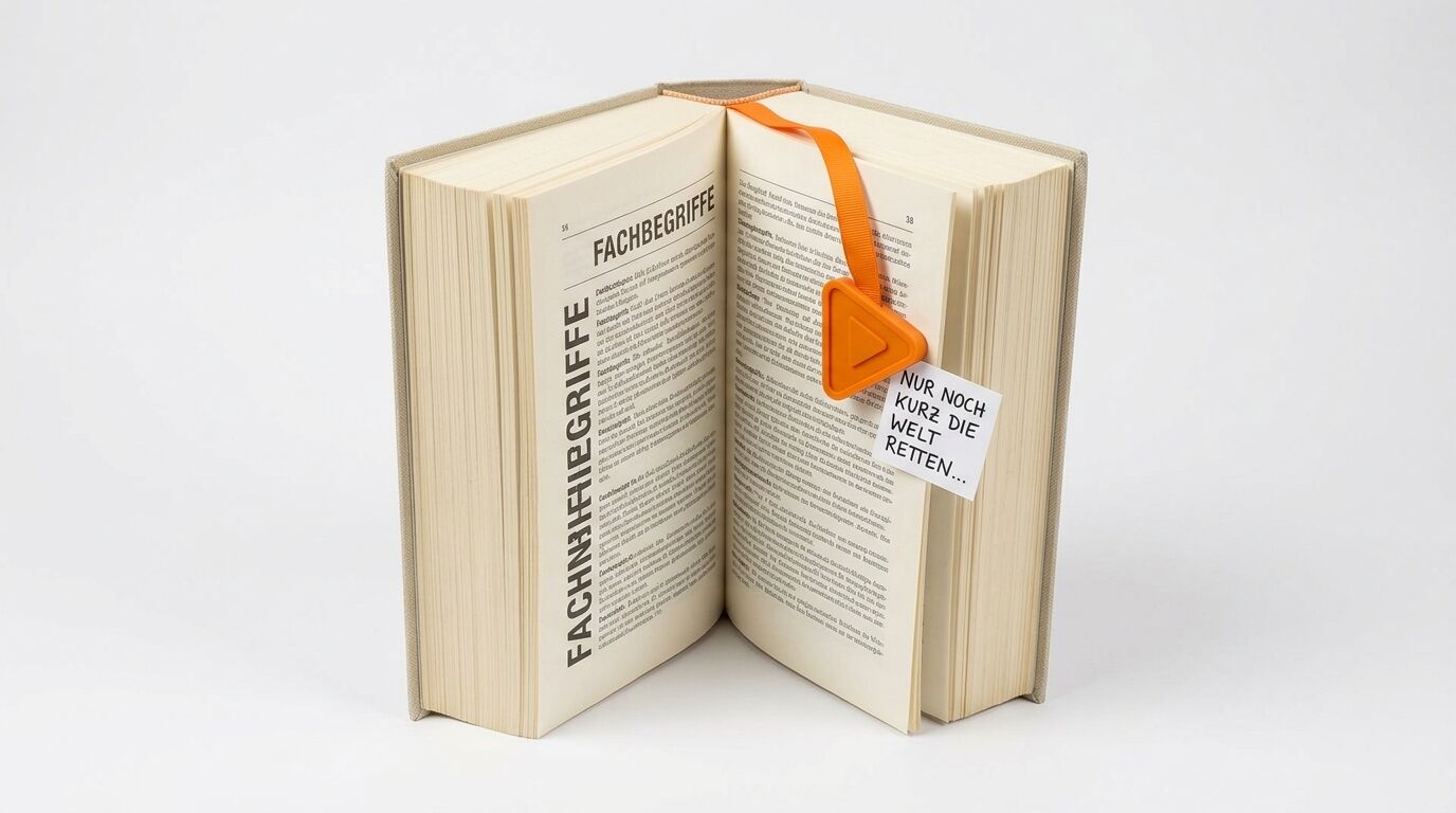 Aufgeschlagenes Buch mit orangefarbenem Lesezeichen und Zettel
