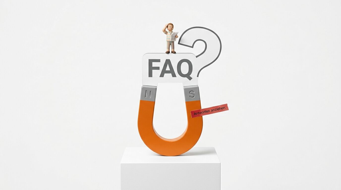 FAQ-Magnet-Skulptur mit kleiner Figur und Slogan „Antworten anziehen“ auf weißem Sockel