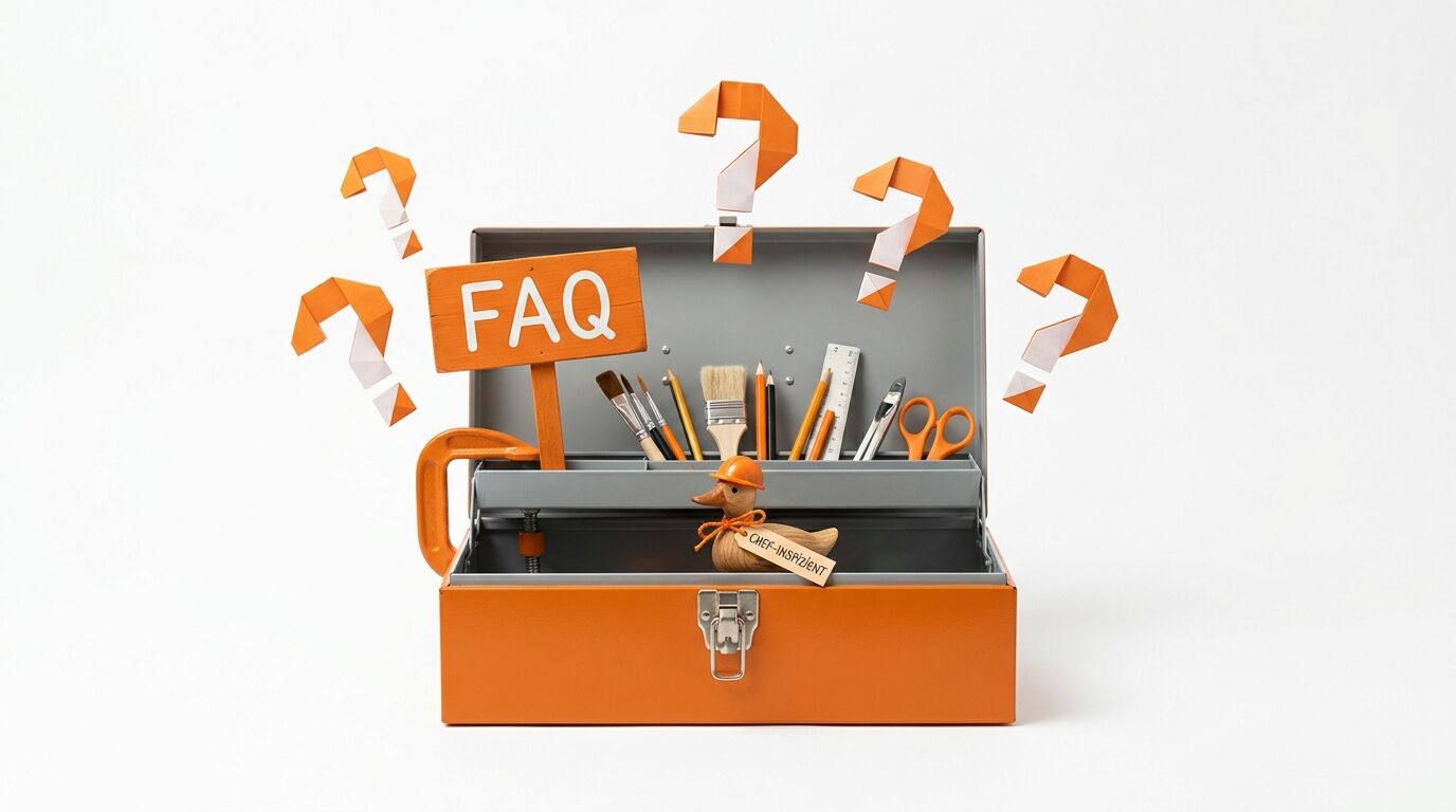 Offener orangefarbener Werkzeugkasten mit Werkzeug, FAQ-Schild, Ente und schwebenden Fragezeichen