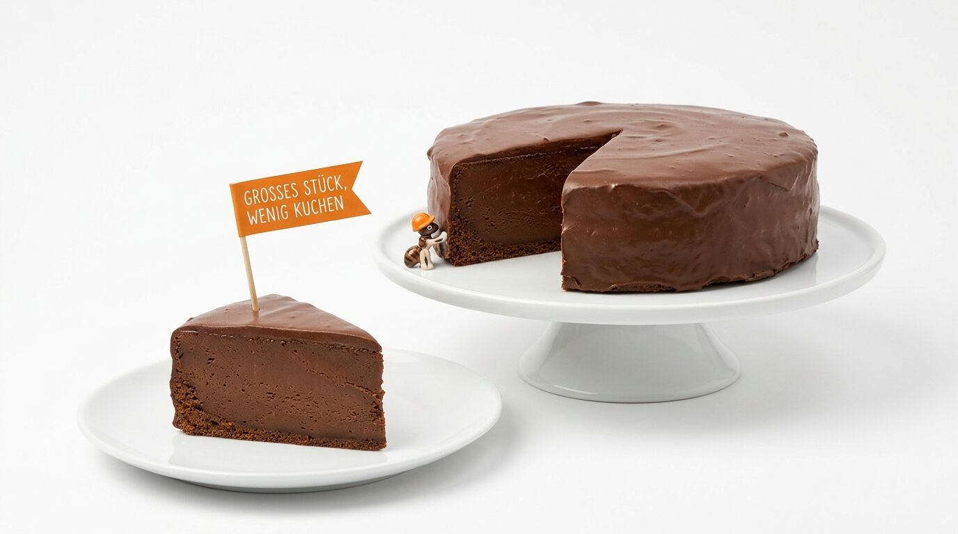 Schokokuchen mit angeschnittenem Stück und Spielzeug-Ameise auf weißem Grund