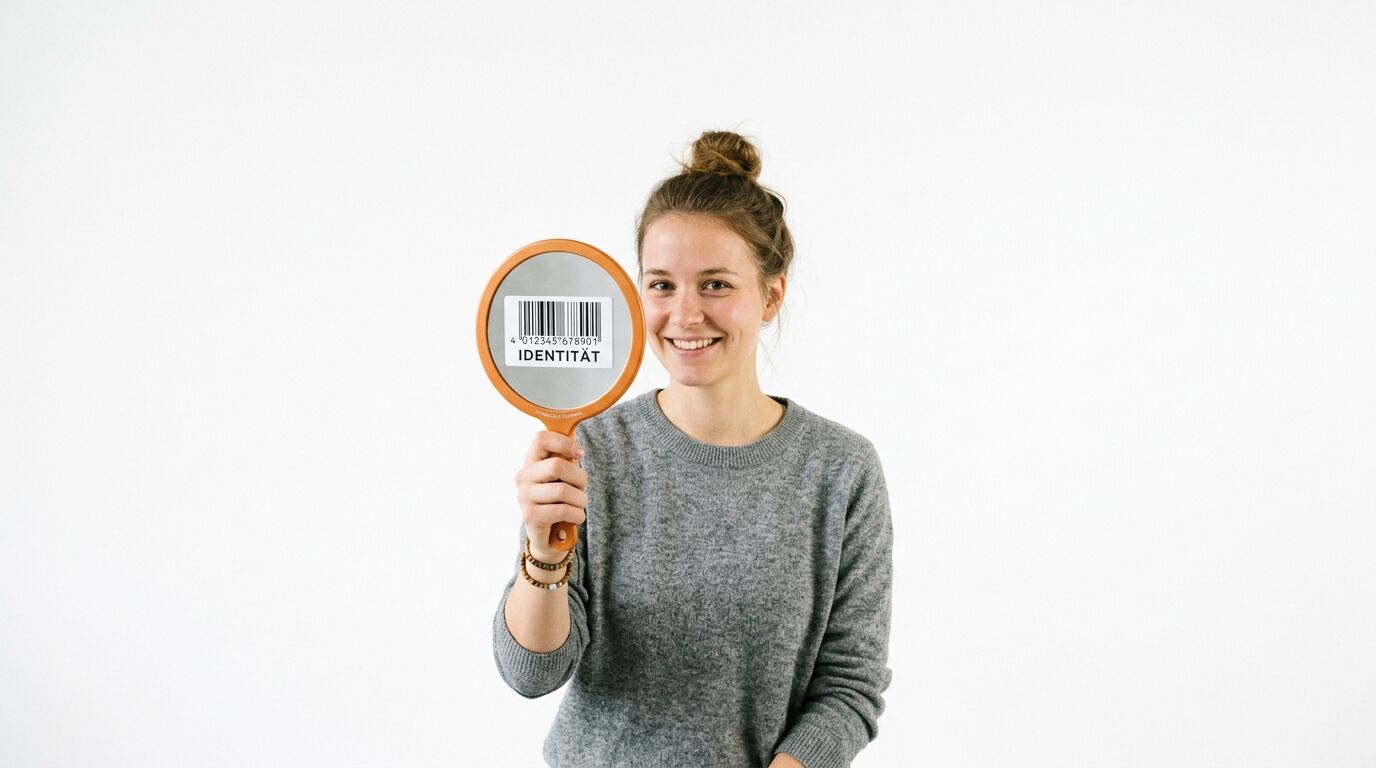 Lächelnde Frau hält Spiegel mit Barcode und Wort „IDENTITÄT“ vor weißem Hintergrund