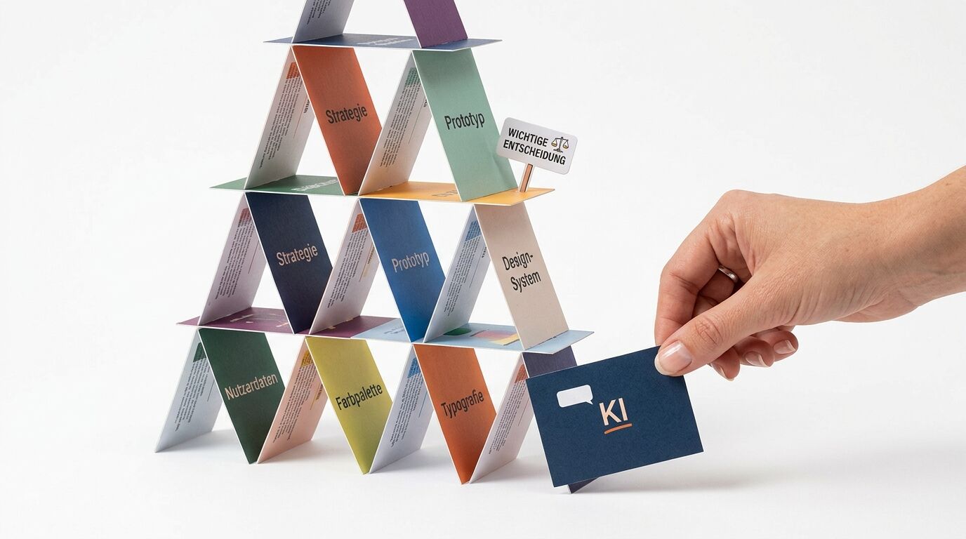 Kartenhaus-Modell mit beschrifteten Karten, Hand zieht Karte mit der Aufschrift „KI“