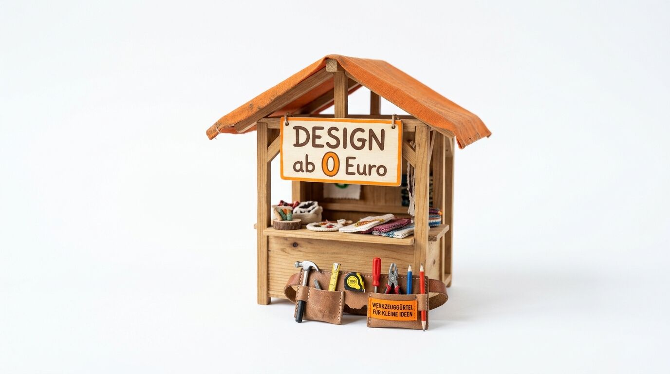 Miniaturmarktstand aus Holz mit Schild „DESIGN ab 0 Euro“ und Werkzeuggürtel davor