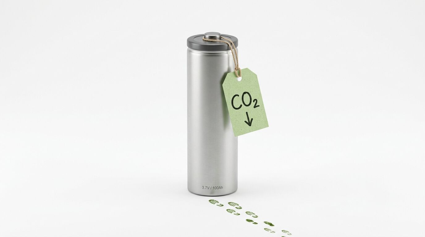 Metallbatterie mit grünem CO2-Schild und Fußabdrücken auf Weiß