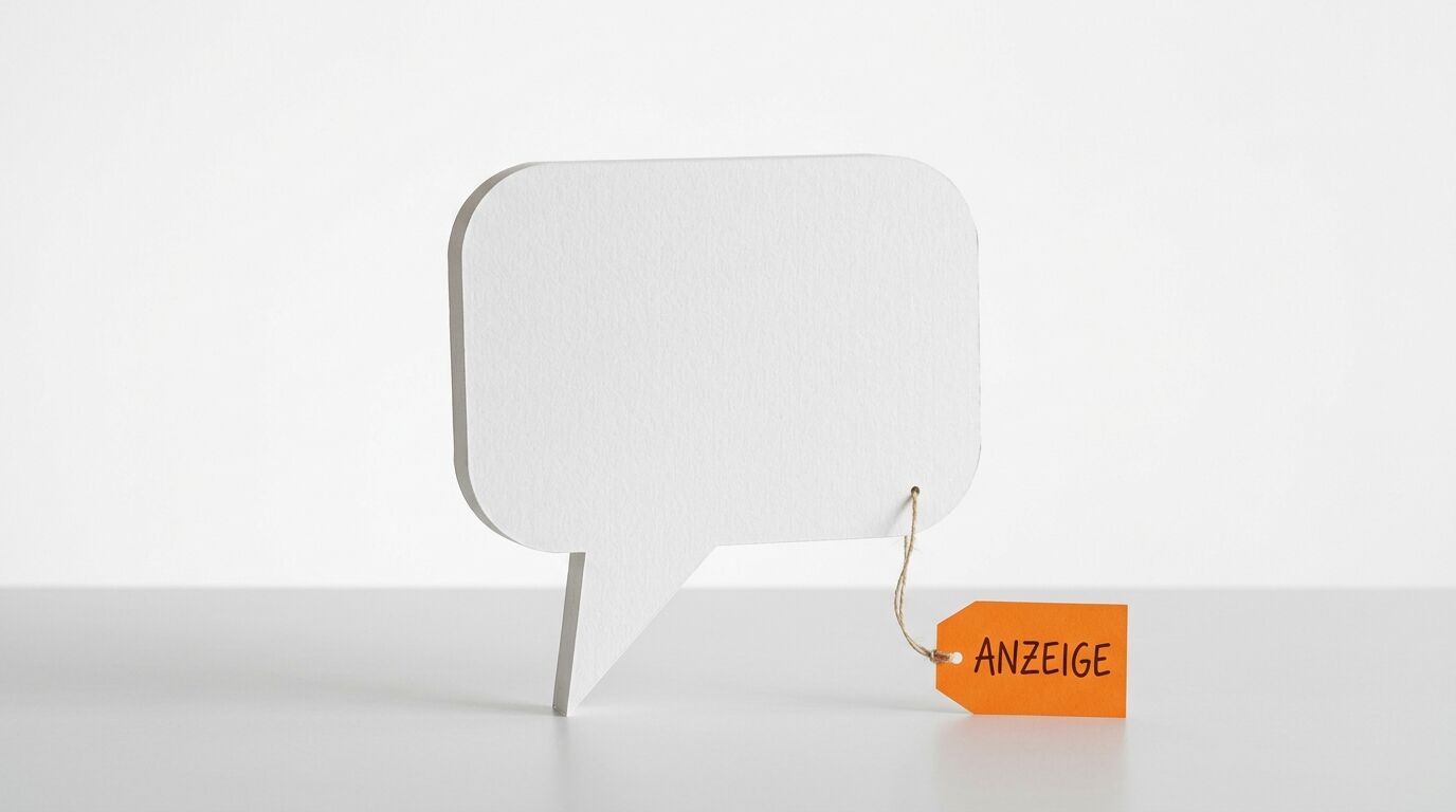Weiße Sprechblase aus Papier mit orangefarbenem Anhänger und Aufschrift ANZEIGE