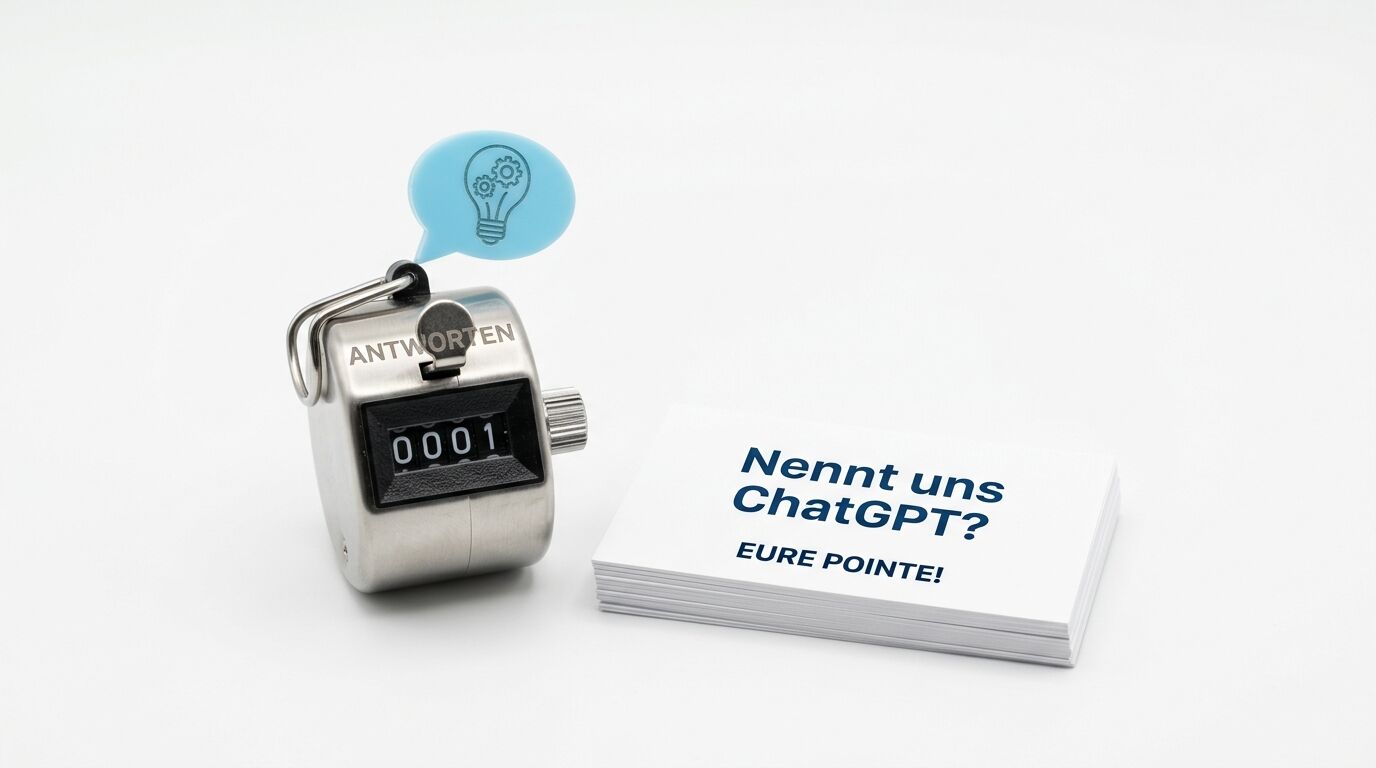 Zähler und Visitenkartenstapel mit Text auf weißem Grund